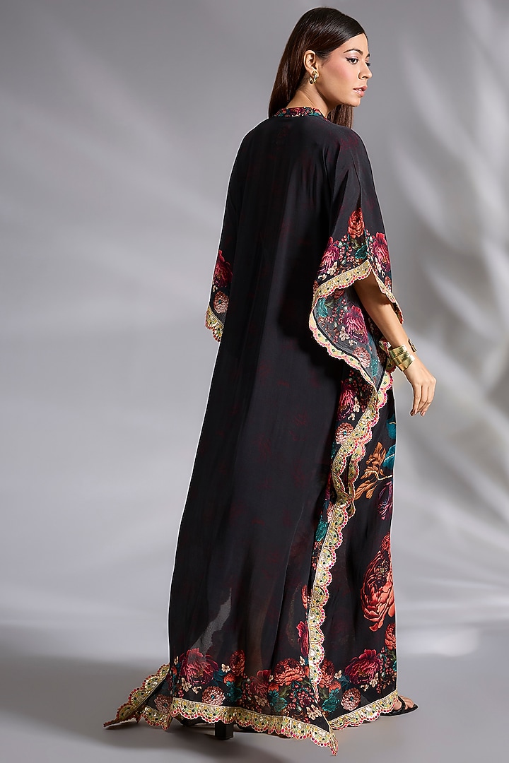 Black Crepe Floral Digital Printed Kaftan by CHARU PARASHAR at Pernia's Pop Up Shop