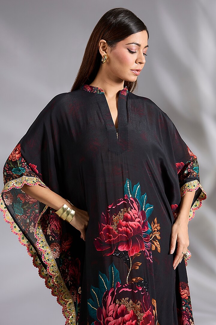 Black Crepe Floral Digital Printed Kaftan by CHARU PARASHAR at Pernia's Pop Up Shop