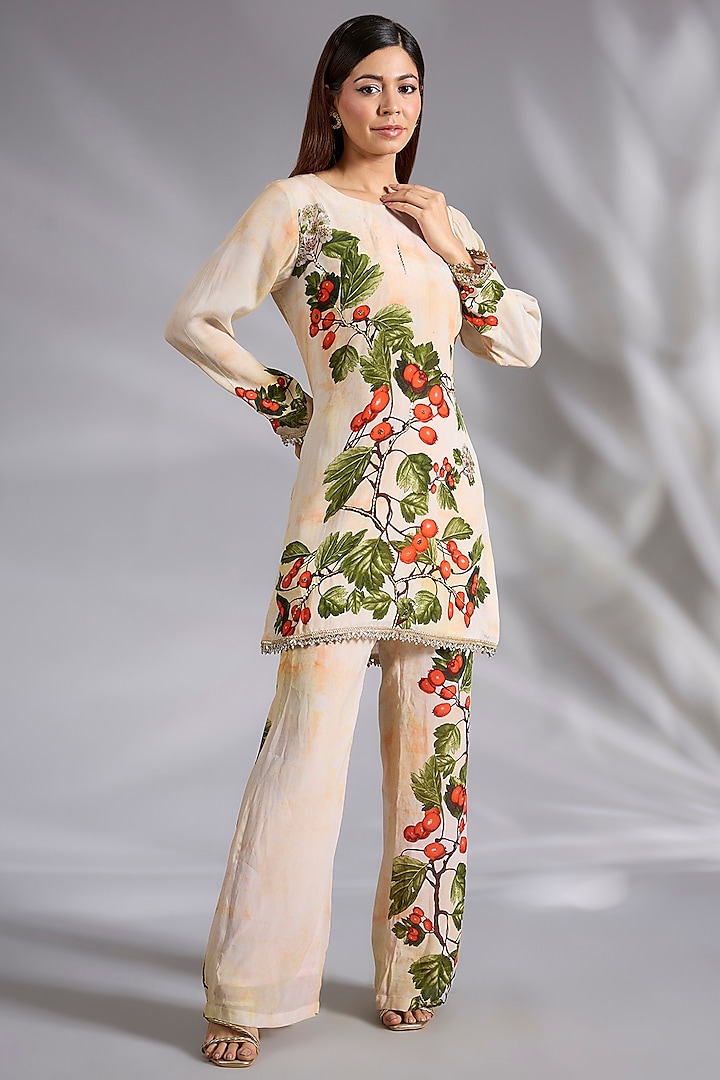 Ivory Crepe Cherry Digital Printed Short Kurta Set by CHARU PARASHAR at Pernia's Pop Up Shop