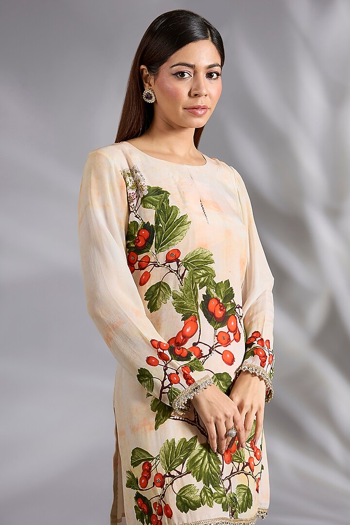 Ivory Crepe Cherry Digital Printed Short Kurta Set by CHARU PARASHAR at Pernia's Pop Up Shop