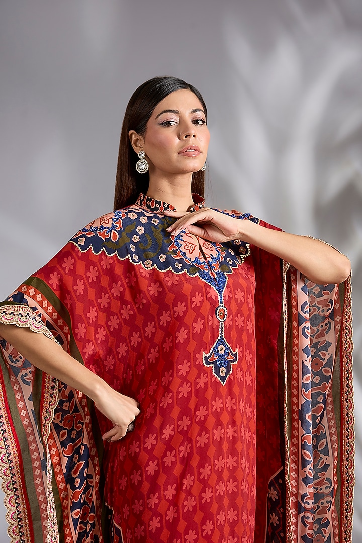 Red Crepe Digital Printed Kaftan by CHARU PARASHAR at Pernia's Pop Up Shop