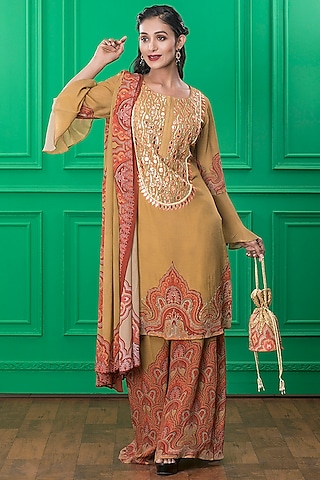 Brown Printed Kurta Set With Potli by CHARU PARASHAR