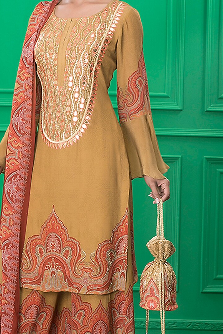 Brown Printed Kurta Set With Potli by CHARU PARASHAR at Pernia's Pop Up Shop
