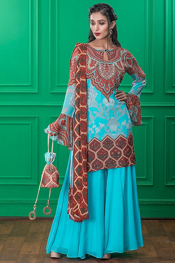 Light Blue Printed Sharara Set With Potli by CHARU PARASHAR