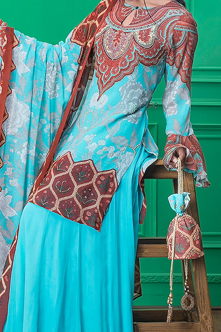 Light Blue Printed Wedding Sharara Set With Potli by CHARU PARASHAR at Pernia's Pop Up Shop