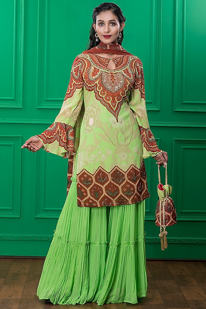 Light Green Printed Sharara Set With Potli by CHARU PARASHAR