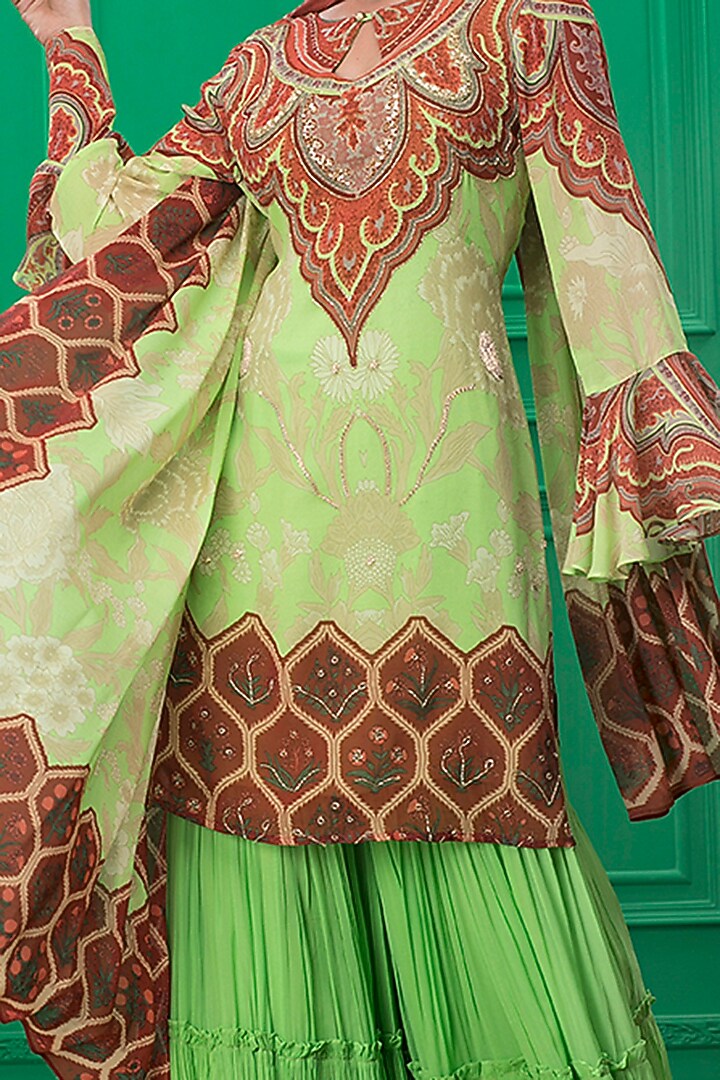 Light Green Printed Wedding Sharara Set With Potli by CHARU PARASHAR at Pernia's Pop Up Shop