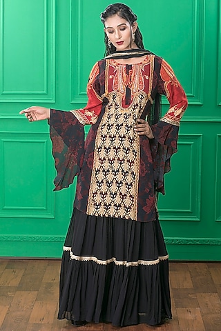 Black Printed Sharara Set by CHARU PARASHAR
