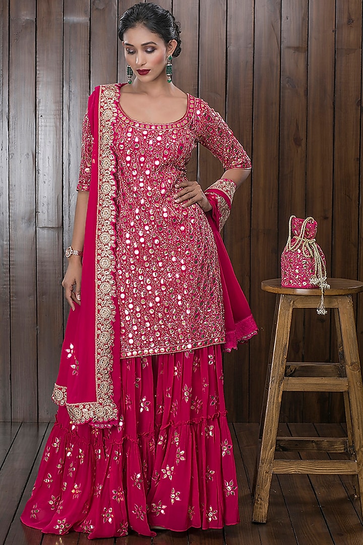 Pink Hand Embellished Sharara Set With Potli by CHARU PARASHAR