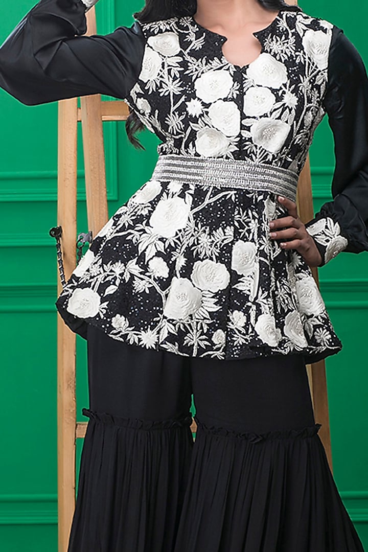 Black Embroidered Wedding Sharara Set by CHARU PARASHAR at Pernia's Pop Up Shop
