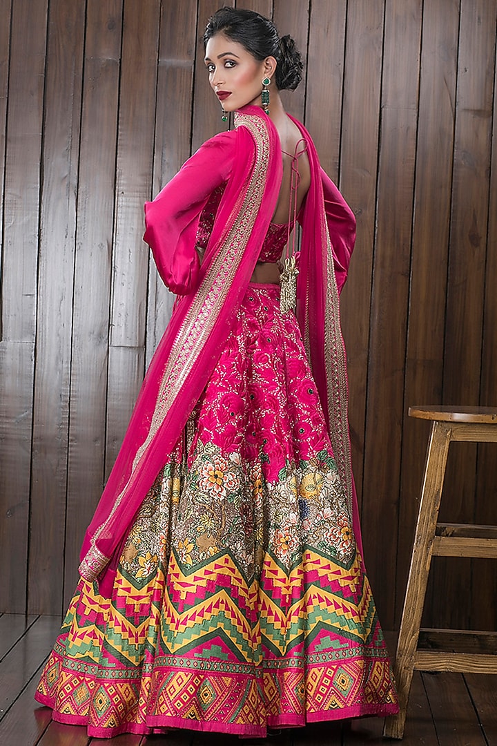 Pink Raw Silk Printed & Embroidered Bridal Lehenga Set by CHARU PARASHAR at Pernia's Pop Up Shop
