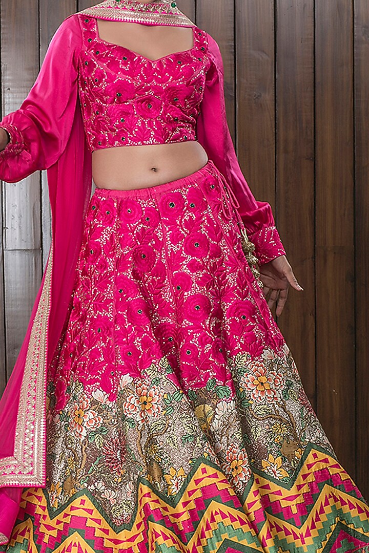 Pink Raw Silk Printed & Embroidered Bridal Lehenga Set by CHARU PARASHAR at Pernia's Pop Up Shop
