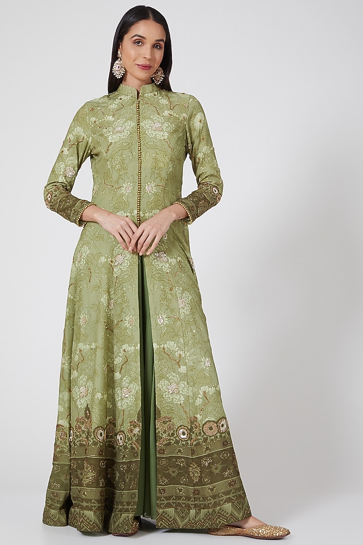 Pista Green Hand Embellished Long Jacket by CHARU PARASHAR at Pernia's Pop Up Shop