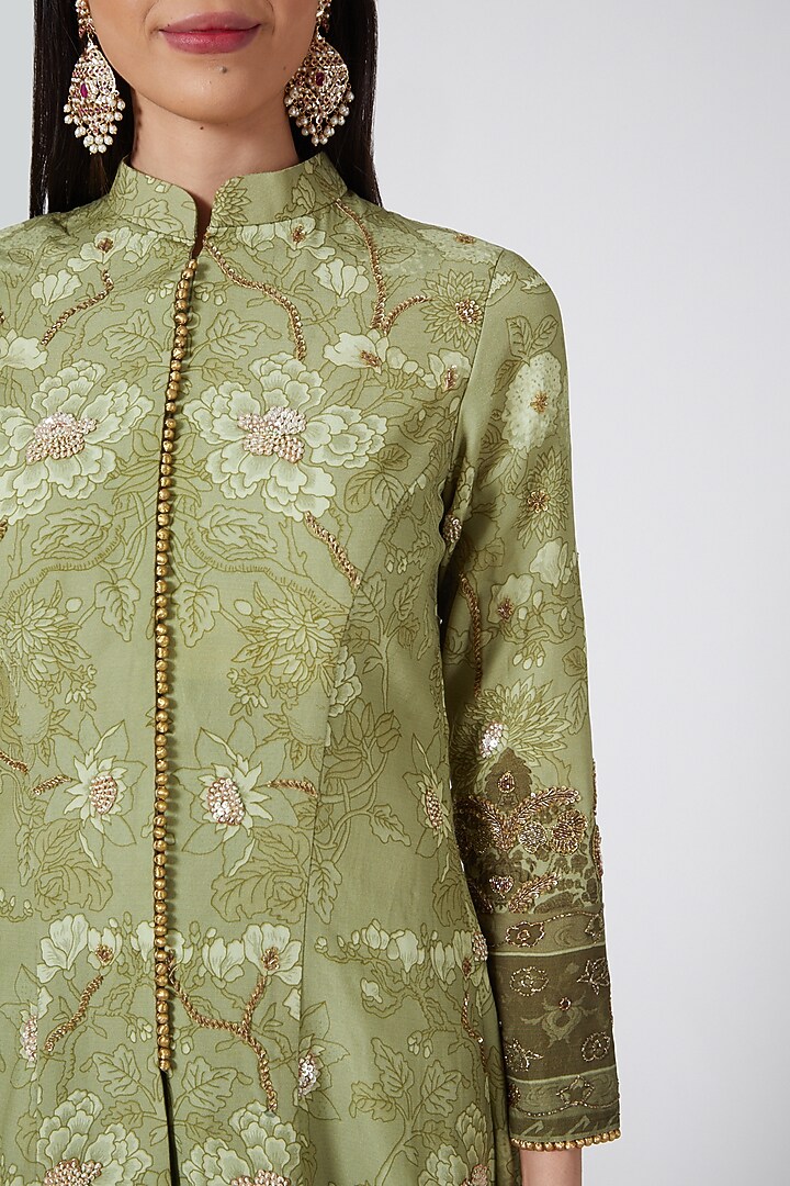 Pista Green Hand Embellished Long Jacket by CHARU PARASHAR at Pernia's Pop Up Shop
