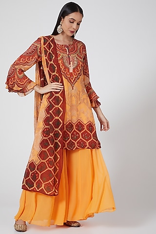 Light Peach Digital Printed Sharara Set by CHARU PARASHAR