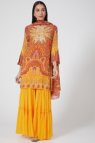 Yellow Georgette Sharara Set by CHARU PARASHAR