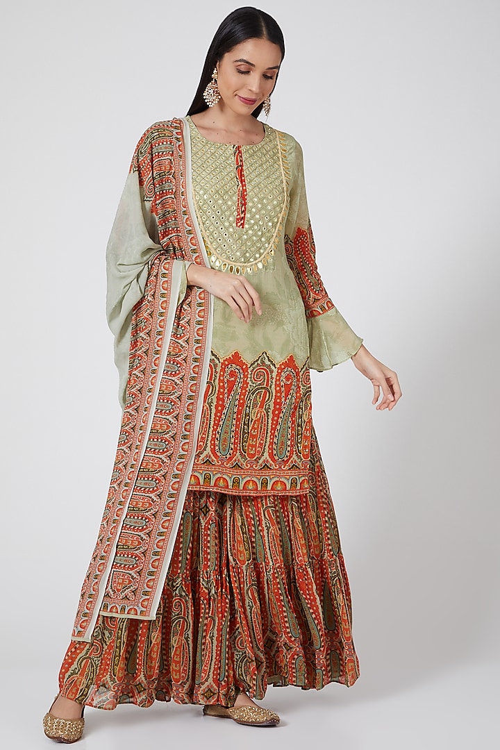 Pista Green Digital Printed Sharara Set by CHARU PARASHAR