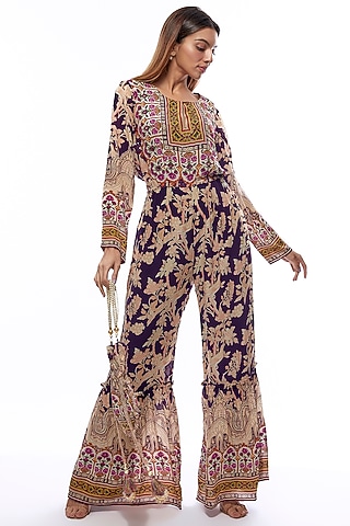 Deep Purple Crepe Embellished & Printed Jumpsuit With Potli Bag by CHARU PARASHAR