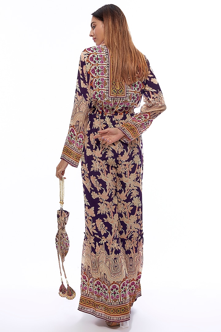 Deep Purple Crepe Embellished & Printed Jumpsuit With Potli Bag by CHARU PARASHAR at Pernia's Pop Up Shop