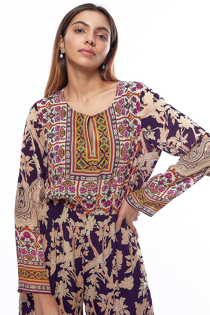 Deep Purple Crepe Embellished & Printed Jumpsuit With Potli Bag by CHARU PARASHAR at Pernia's Pop Up Shop