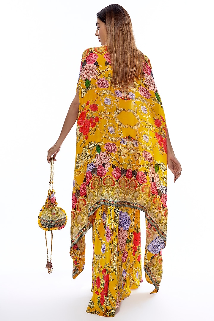 Yellow Crepe Embellished & Printed Cape Set by CHARU PARASHAR at Pernia's Pop Up Shop