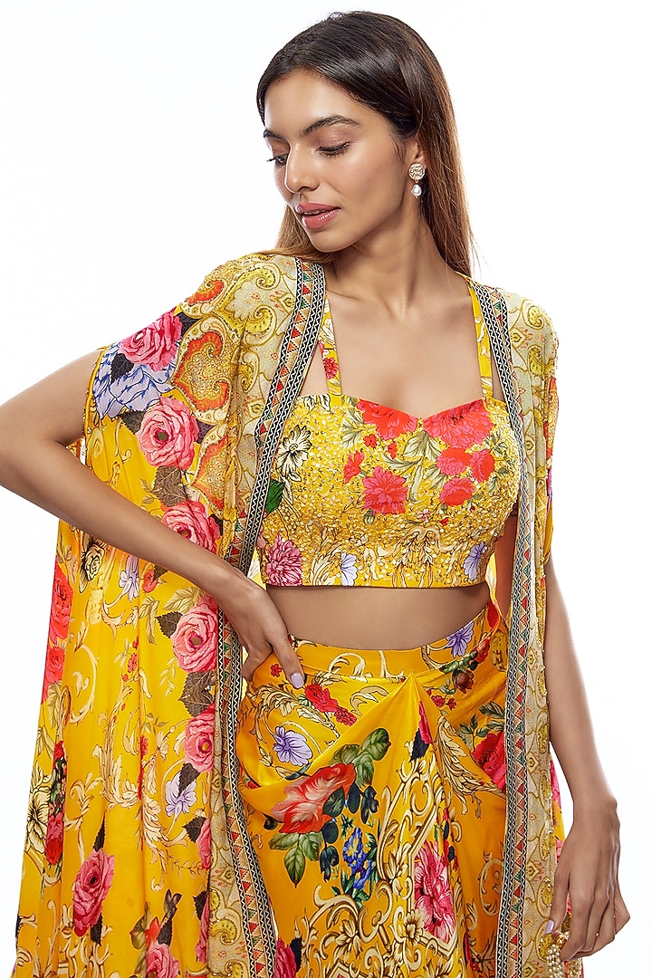 Yellow Crepe Embellished & Printed Cape Set by CHARU PARASHAR at Pernia's Pop Up Shop