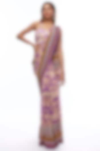 Lavender Georgette Embellished & Digital Printed Saree Set by CHARU PARASHAR