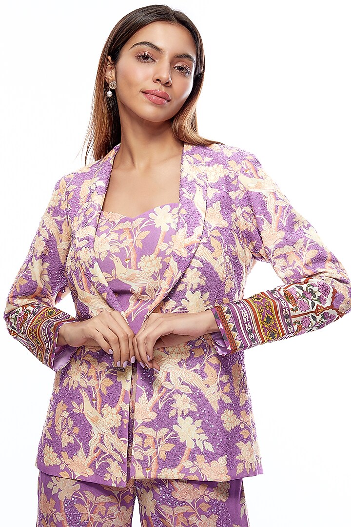 Lavender Crepe Embellished & Printed Blazer Set by CHARU PARASHAR at Pernia's Pop Up Shop