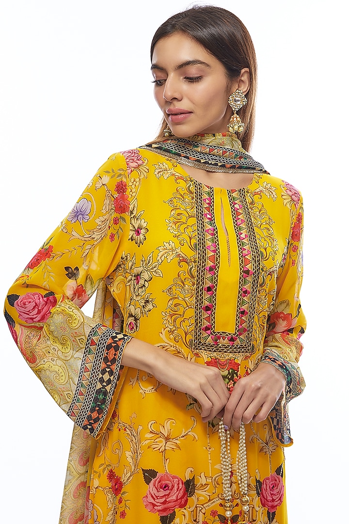 Yellow Georgette Printed Wedding Sharara Set by CHARU PARASHAR at Pernia's Pop Up Shop