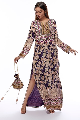 Deep Purple Crepe Embellished & Printed Kaftan by CHARU PARASHAR