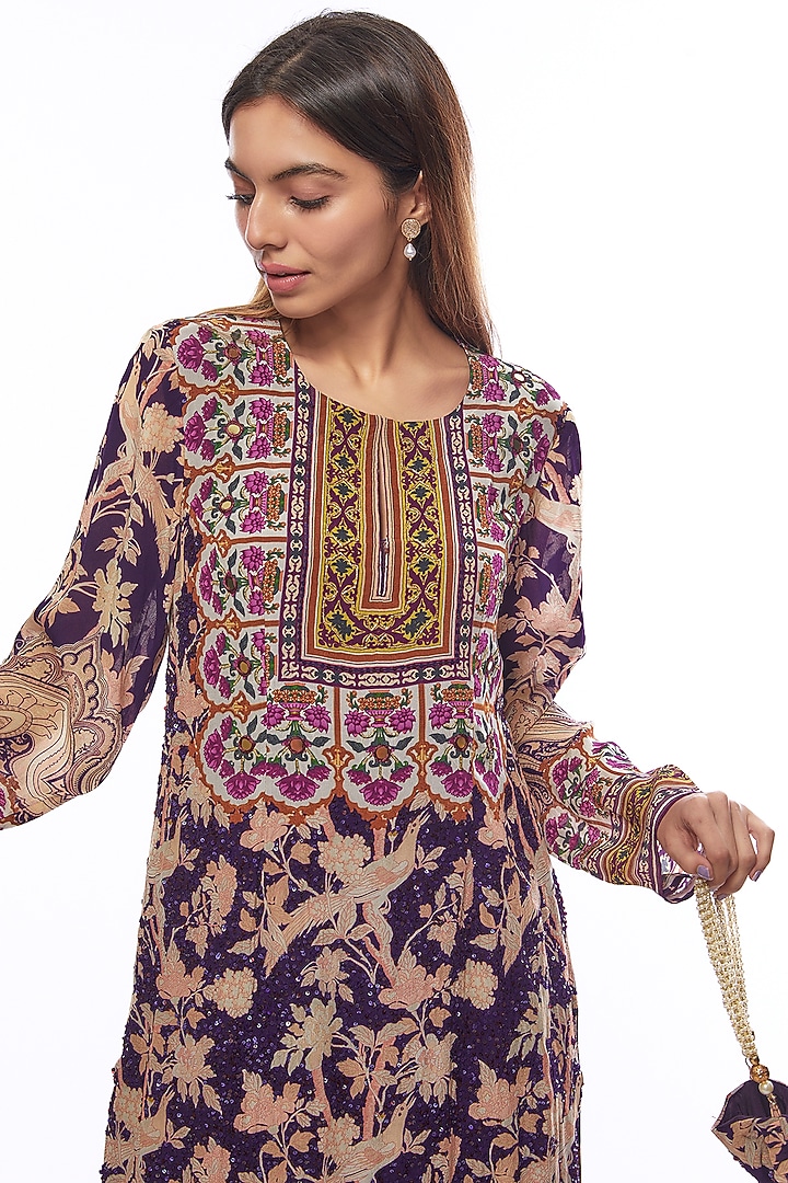 Deep Purple Crepe Embellished & Printed Kaftan by CHARU PARASHAR at Pernia's Pop Up Shop
