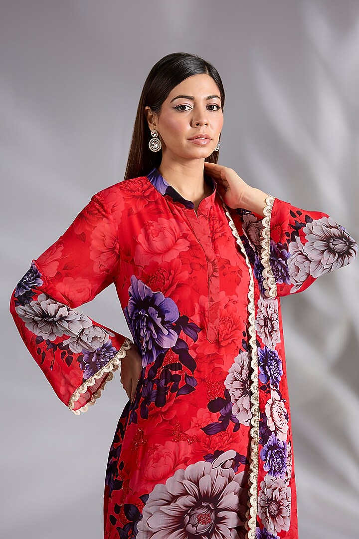 Red & Purple Georgette Floral Printed Kurta Set by CHARU PARASHAR at Pernia's Pop Up Shop