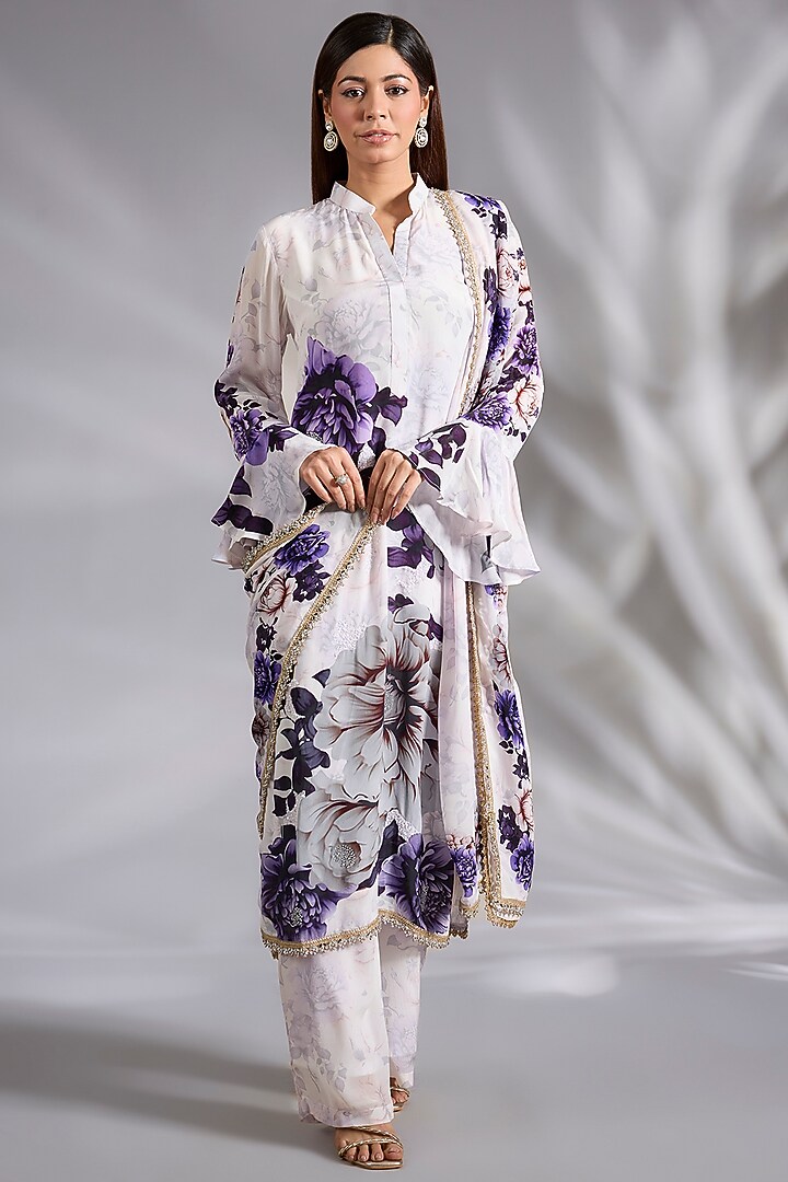 White & Purple Georgette Floral Printed Kurta Set by CHARU PARASHAR at Pernia's Pop Up Shop