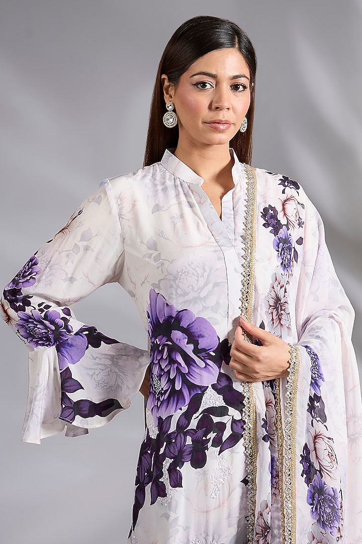 White & Purple Georgette Floral Printed Kurta Set by CHARU PARASHAR at Pernia's Pop Up Shop