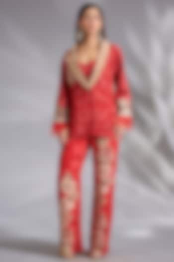 Red Crepe Floral Digital Printed Blazer Set by CHARU PARASHAR at Pernia's Pop Up Shop