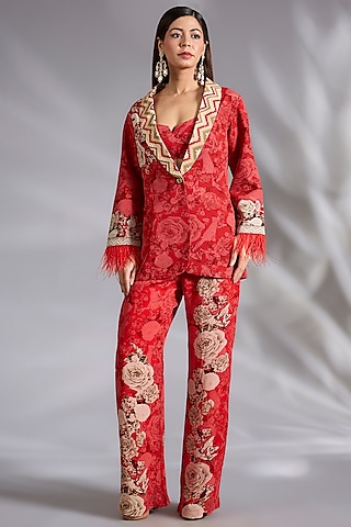 Red Crepe Floral Digital Printed Blazer Set by CHARU PARASHAR