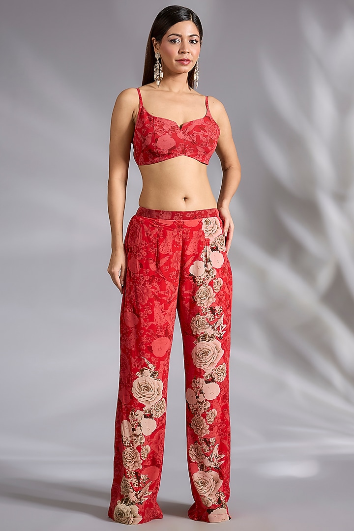 Red Crepe Floral Digital Printed Blazer Set by CHARU PARASHAR at Pernia's Pop Up Shop