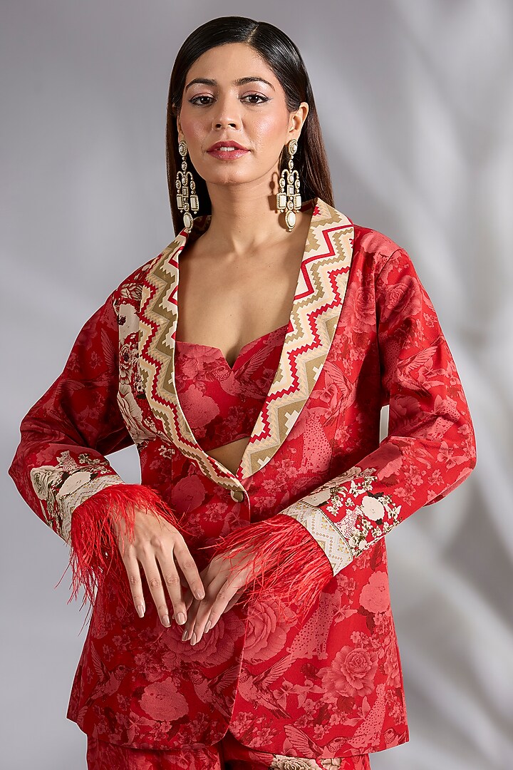 Red Crepe Floral Digital Printed Blazer Set by CHARU PARASHAR at Pernia's Pop Up Shop