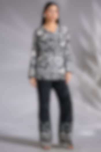 Black & White Crepe Floral Digital Printed Blazer Set by CHARU PARASHAR at Pernia's Pop Up Shop