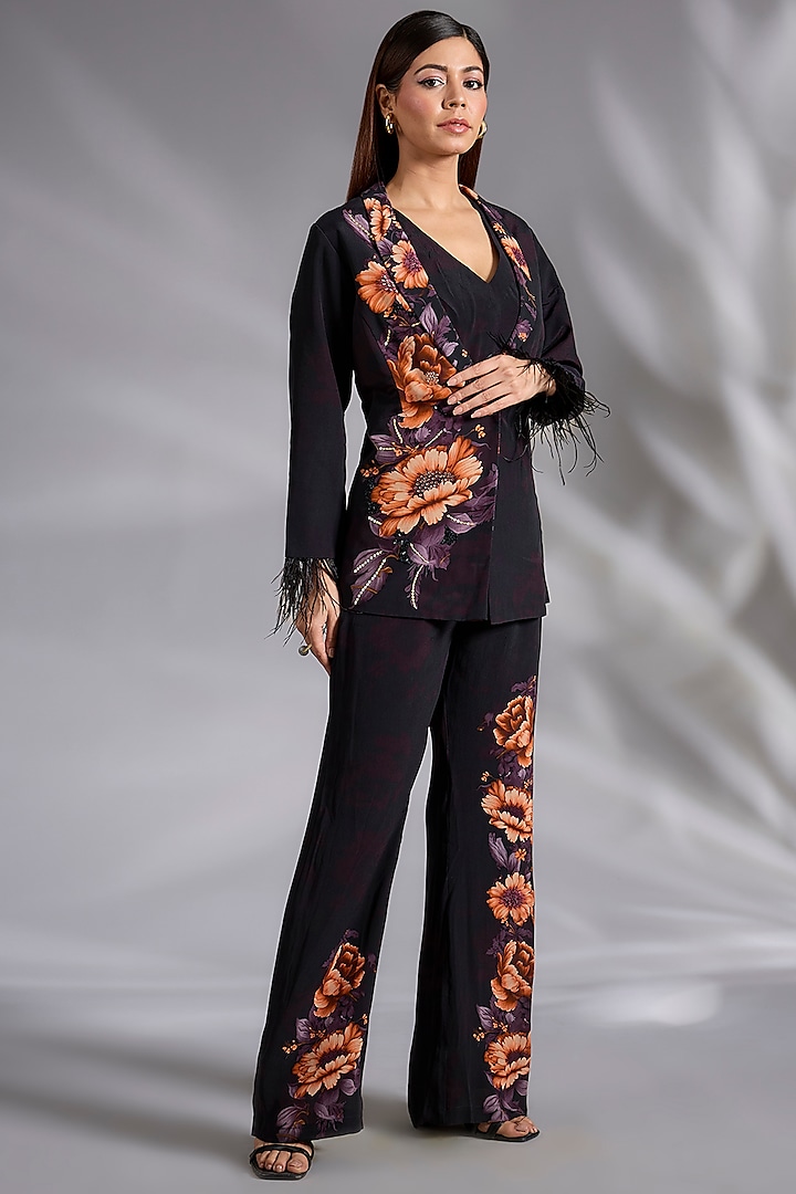 Black Crepe Floral Digital Printed Blazer Set by CHARU PARASHAR at Pernia's Pop Up Shop