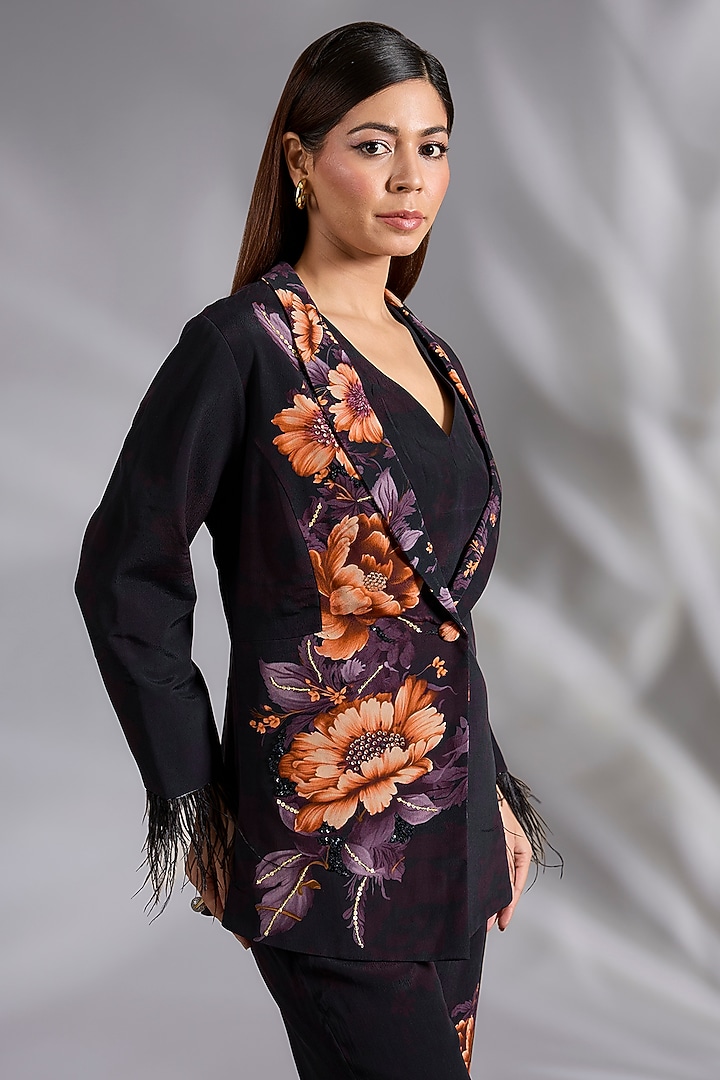 Black Crepe Floral Digital Printed Blazer Set by CHARU PARASHAR at Pernia's Pop Up Shop