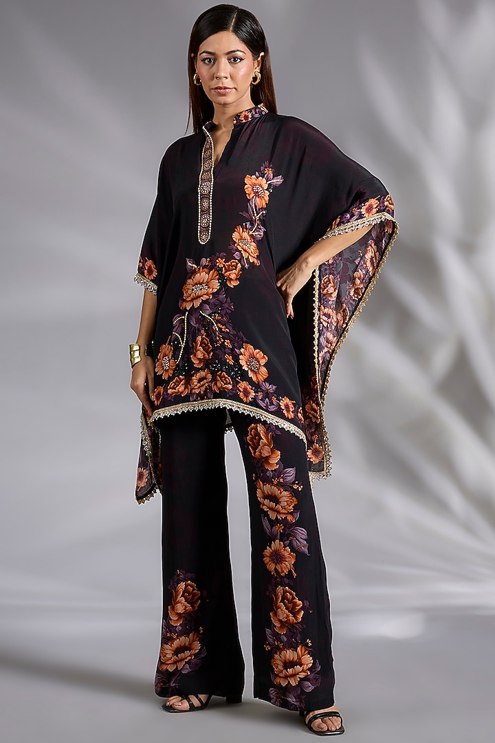 Black Crepe Floral Digital Printed Co-Ord Set by CHARU PARASHAR at Pernia's Pop Up Shop