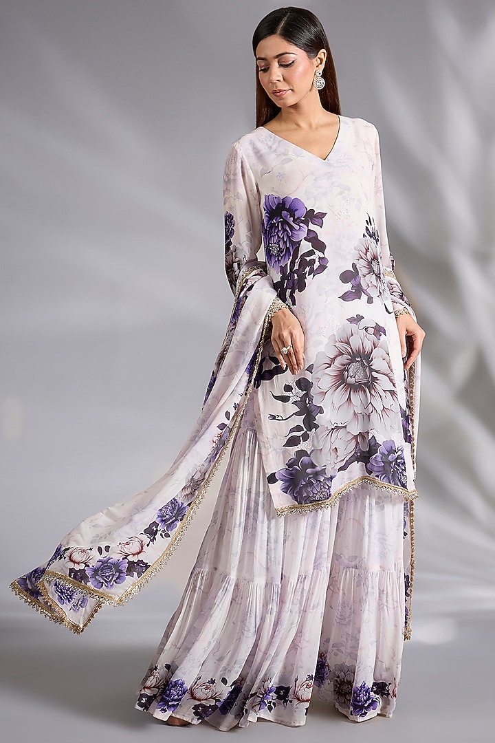 White & Purple Georgette Floral Digital Printed Kurta Set by CHARU PARASHAR at Pernia's Pop Up Shop
