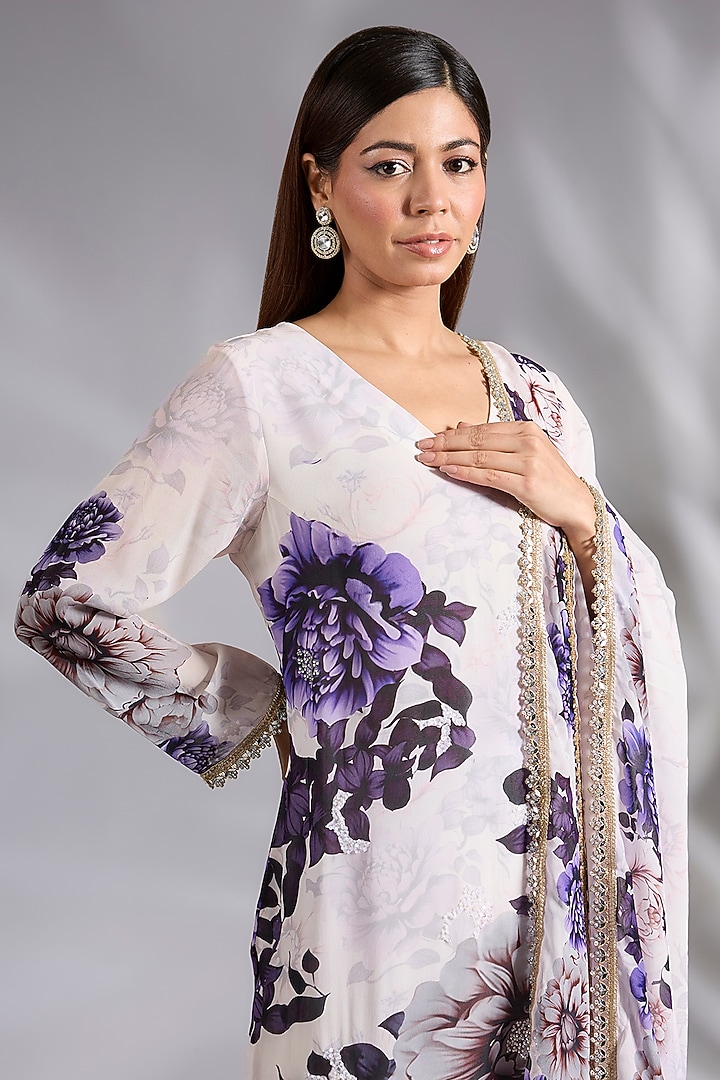 White & Purple Georgette Floral Digital Printed Kurta Set by CHARU PARASHAR at Pernia's Pop Up Shop