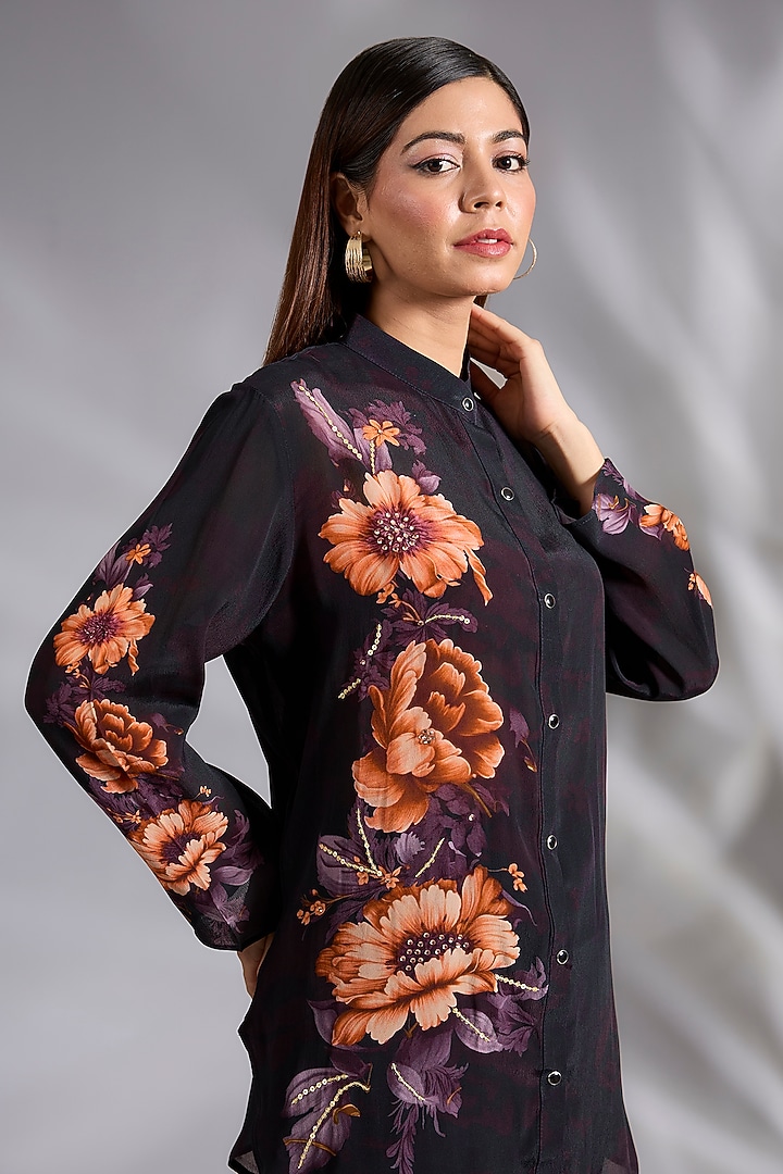 Black Crepe Floral Digital Printed Co-Ord Set by CHARU PARASHAR at Pernia's Pop Up Shop