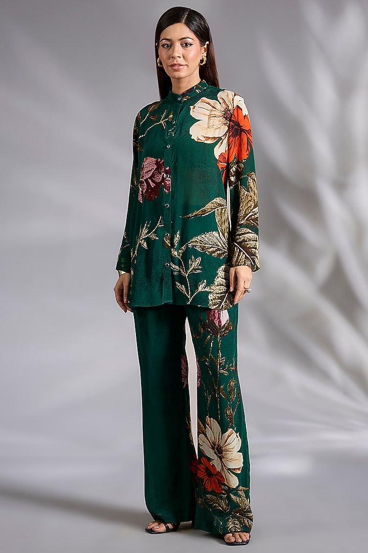 Dark Green Crepe Floral Digital Printed Co-Ord Set by CHARU PARASHAR at Pernia's Pop Up Shop