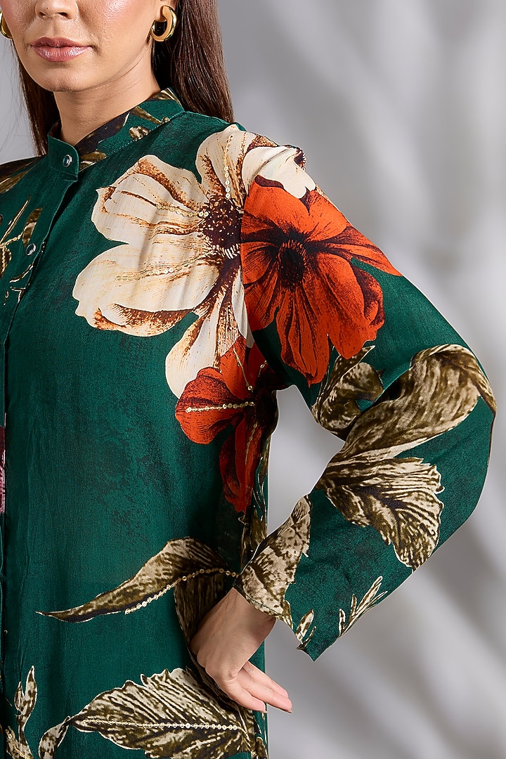 Dark Green Crepe Floral Digital Printed Co-Ord Set by CHARU PARASHAR at Pernia's Pop Up Shop