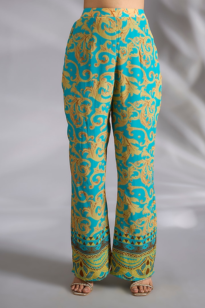 Turquoise & Yellow Crepe Digital Printed Co-Ord Set by CHARU PARASHAR at Pernia's Pop Up Shop