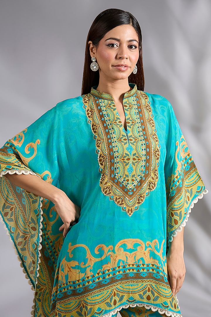 Turquoise & Yellow Crepe Digital Printed Co-Ord Set by CHARU PARASHAR at Pernia's Pop Up Shop