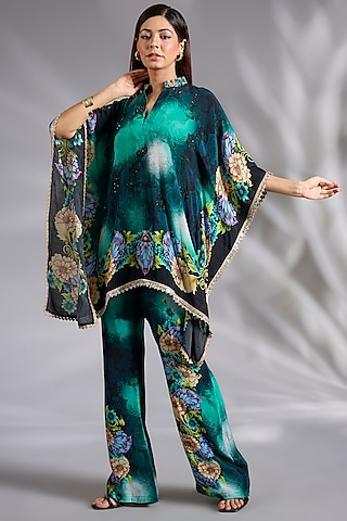Teal Shaded Crepe Digital Printed Co-Ord Set by CHARU PARASHAR